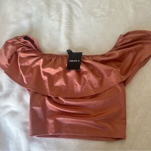 Forever 21 Off Shoulder Coral Crop Top with Sleeves NWT